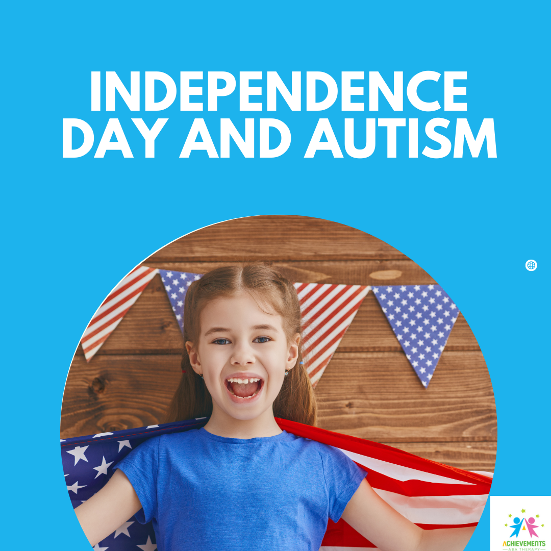 independence day and autism. child with autism holding American flag on July 4