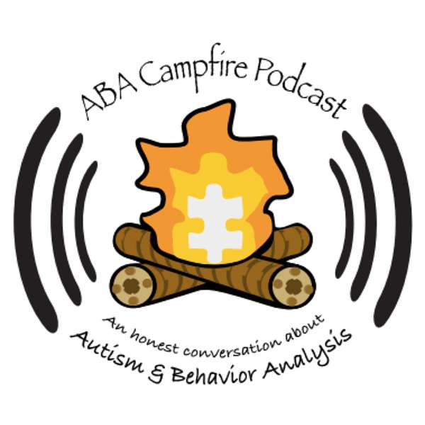 logo image cartoon of fire with missing autism piece puzzle with black letters aba campfire podcast